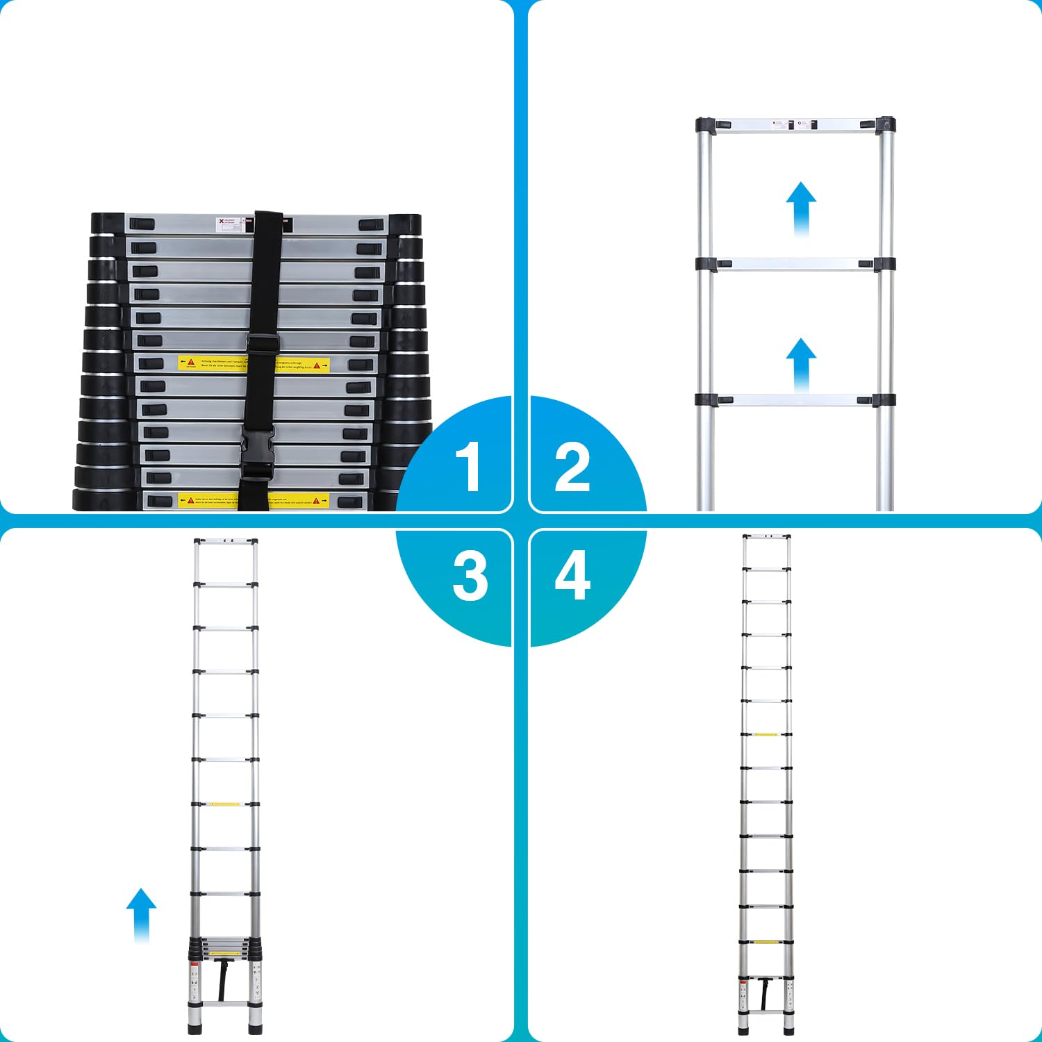 Scala telescopica in alluminio, blocco di sicurezza su più gradini, allungabile, antiscivolo, multiuso, carico massimo 150 kg, 2,6 m