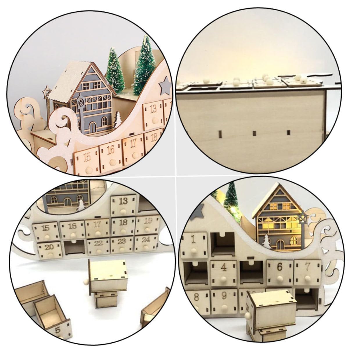BESPORTBLE Holz Weihnachtskalender mit Schlittenform DIY Bastelidee für Weihnachten Countdown Kalender aus Holz Weihnachtsdeko für Schreibtisch und Wohnzimmer