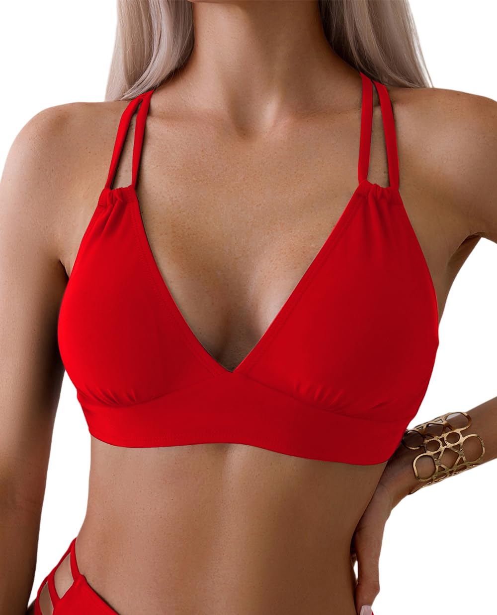 Tainehs Women's Push Up V Neck Bikini Tops Criss Cross Back Padded Bathing Suit Top Only