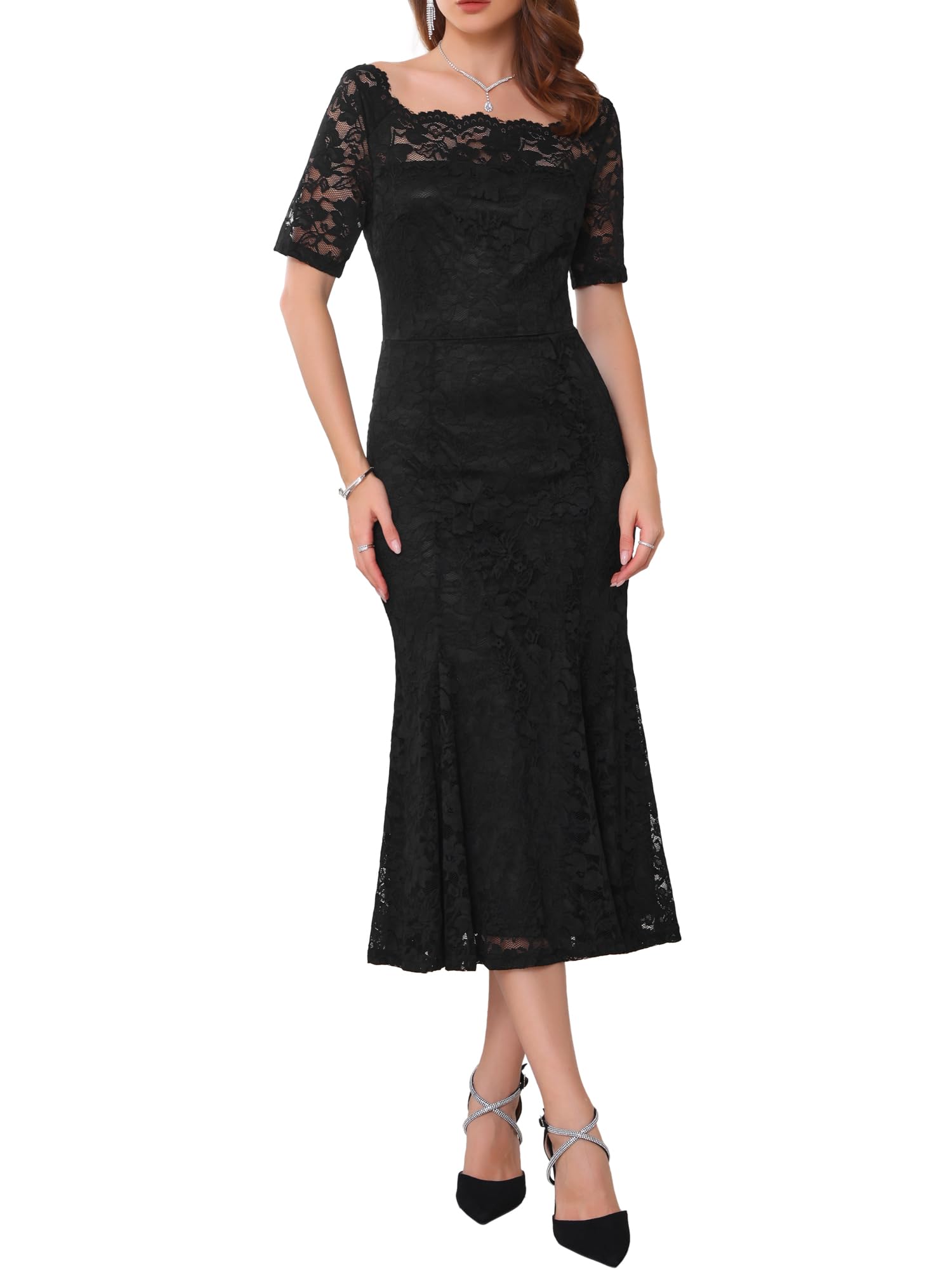 WOMLAYOUT Damen Spitzen Hochzeit Abendkleider Kurzarm Formale Schulterfreies Cocktail Kleid