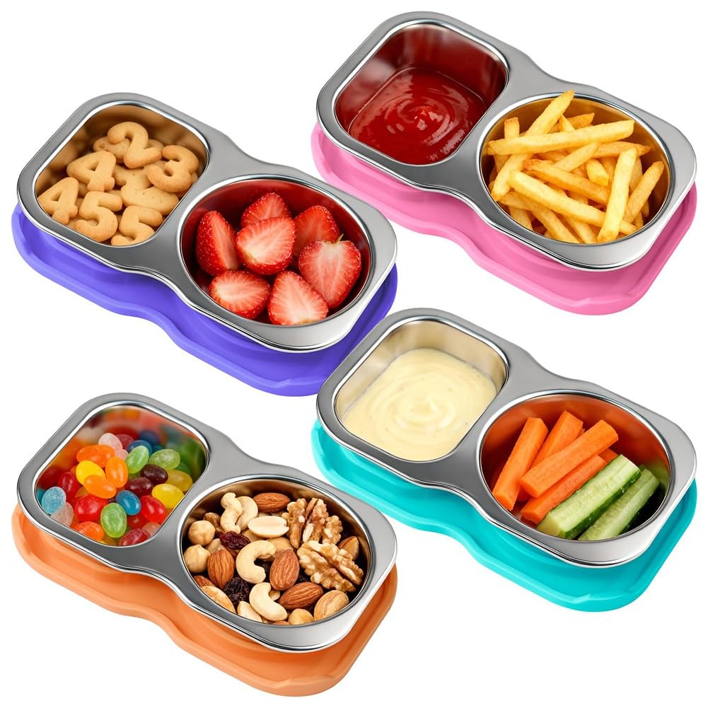 UDSKNV[KSL 4-Pack Stainless Steel Snack Containers Salad Dressing Container to Go 2-Compartment Small Condiment Container Leak Proof Silicone Lid