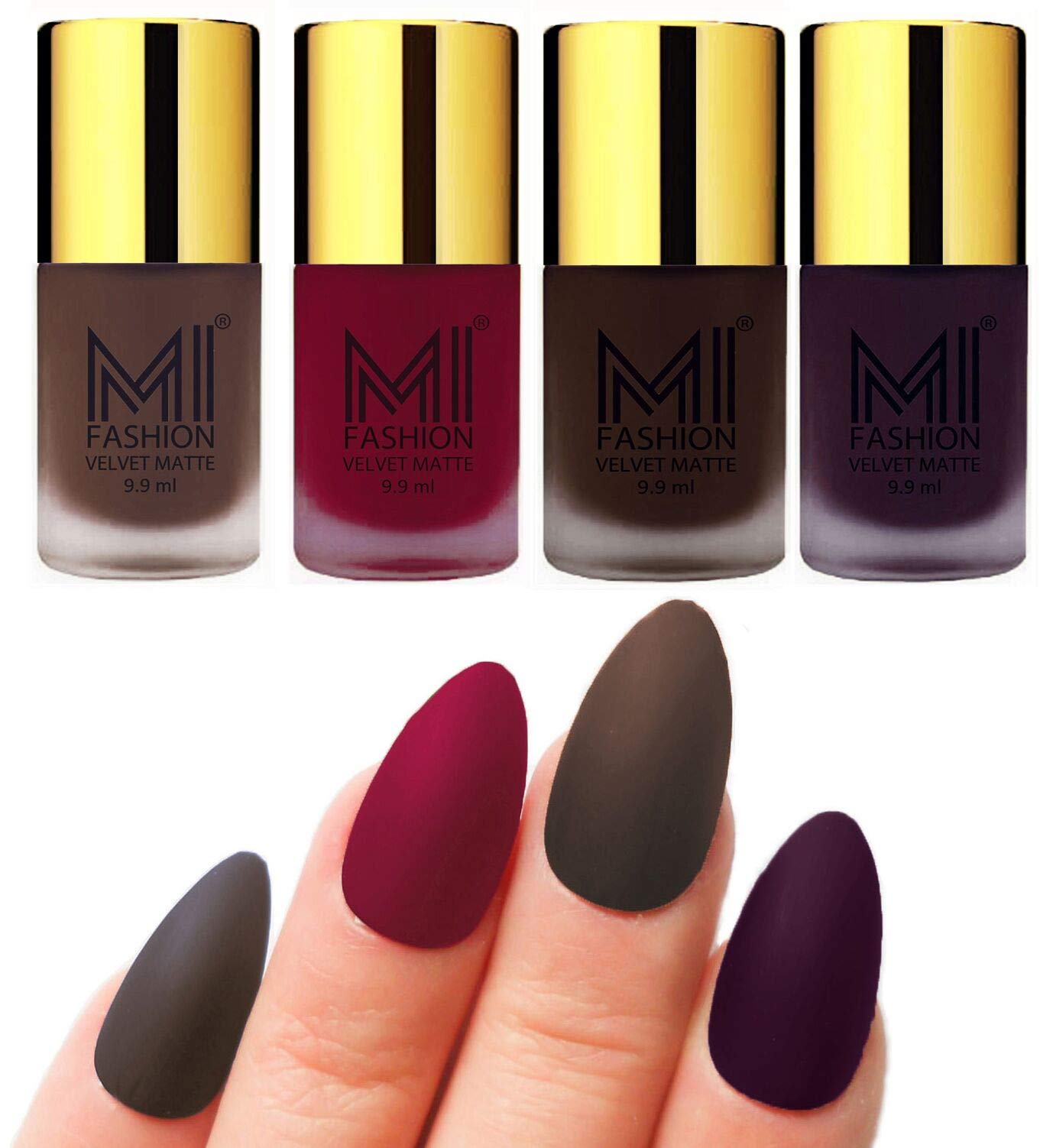 MI FASHION Velvet Matte Nail Polish Combo Pack Trendy And Stylish Colours 9.9ml Coffee, Mauve, Dark Brown, Purple (Pack Of-4)