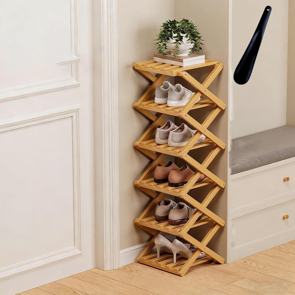 The 9-Tier No-Assembly Bamboo Rack - 2/3/4/5/6/7/8/9/10 Accordion Bamboo Shoe Storage Rack, No Assembly Narrow Shoe Shelf for Entryway Closet Dorm (Nature, 6 Tier)