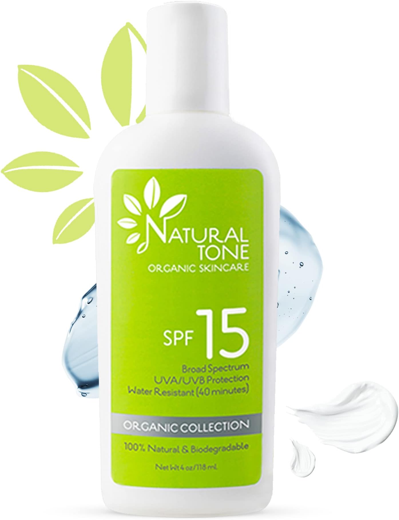SPF15 Broad Spectrum Natural Sunscreen, Soothing & Hydrating Sunscreen Lotion, Plant-Based Sun Block, Water-Resistant Sun Screen Protector for Face and Body, 118ml - Natural Tone Organic Skincare