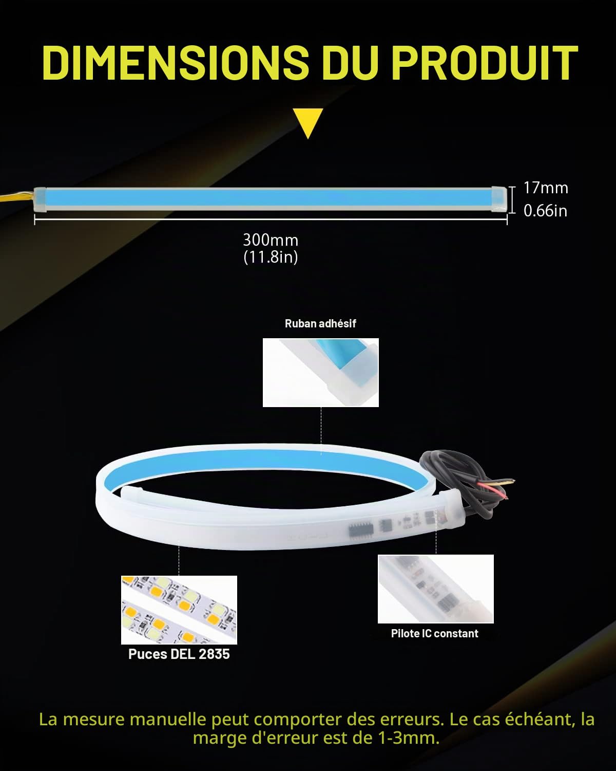 YONGMING Étanche Feux diurnes 30CM 12V Flexible DRL LED Bandes Lumineuses Clignotants pour Phare De Voiture Double Couleur Blanc Conduite Ambre Séquence Exécution, Pack de 2