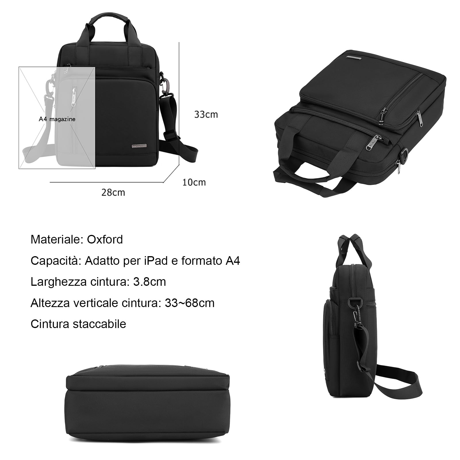 zhongningyifeng Borsa messenger da uomo per computer portatile da 13 pollici Oxford grande borsa a tracolla Business impermeabile casual nera borsa a tracolla per lavoro viaggi all'aperto, nero