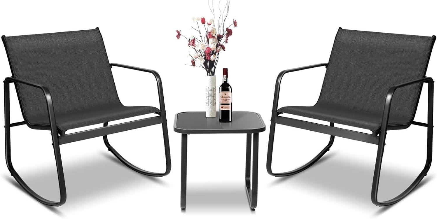 Outroad 3 Pieces Outdoor Rocking Bistro Set, Outdoor Furniture Set with Patio Rocking Chairs, and Glass-Top Table, Small Conversation Set of 3 for Porch, Garden, Yard, Lawn, Poolside, Black