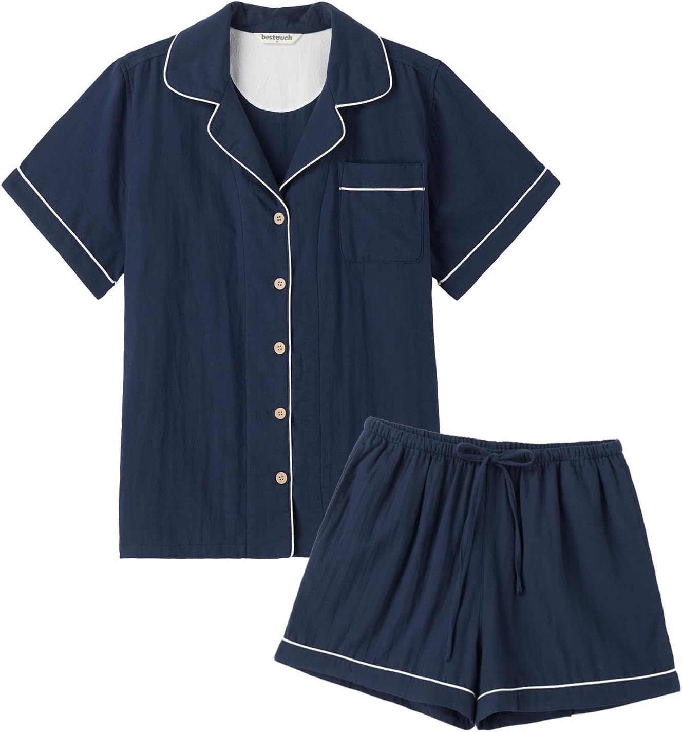 BESTOUCH Women's Pajama Sets 100% Pure Cotton Muslin Linen Feel Sleep Shorts Pjs 2 Piece Soft Sleepwear Lounge Set for Women - Image 7