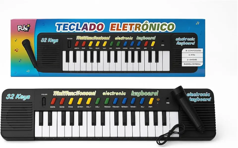 Piano Teclado Musical Infantil Microfone Karaoke 32 teclas Brinquedo Educativo preto