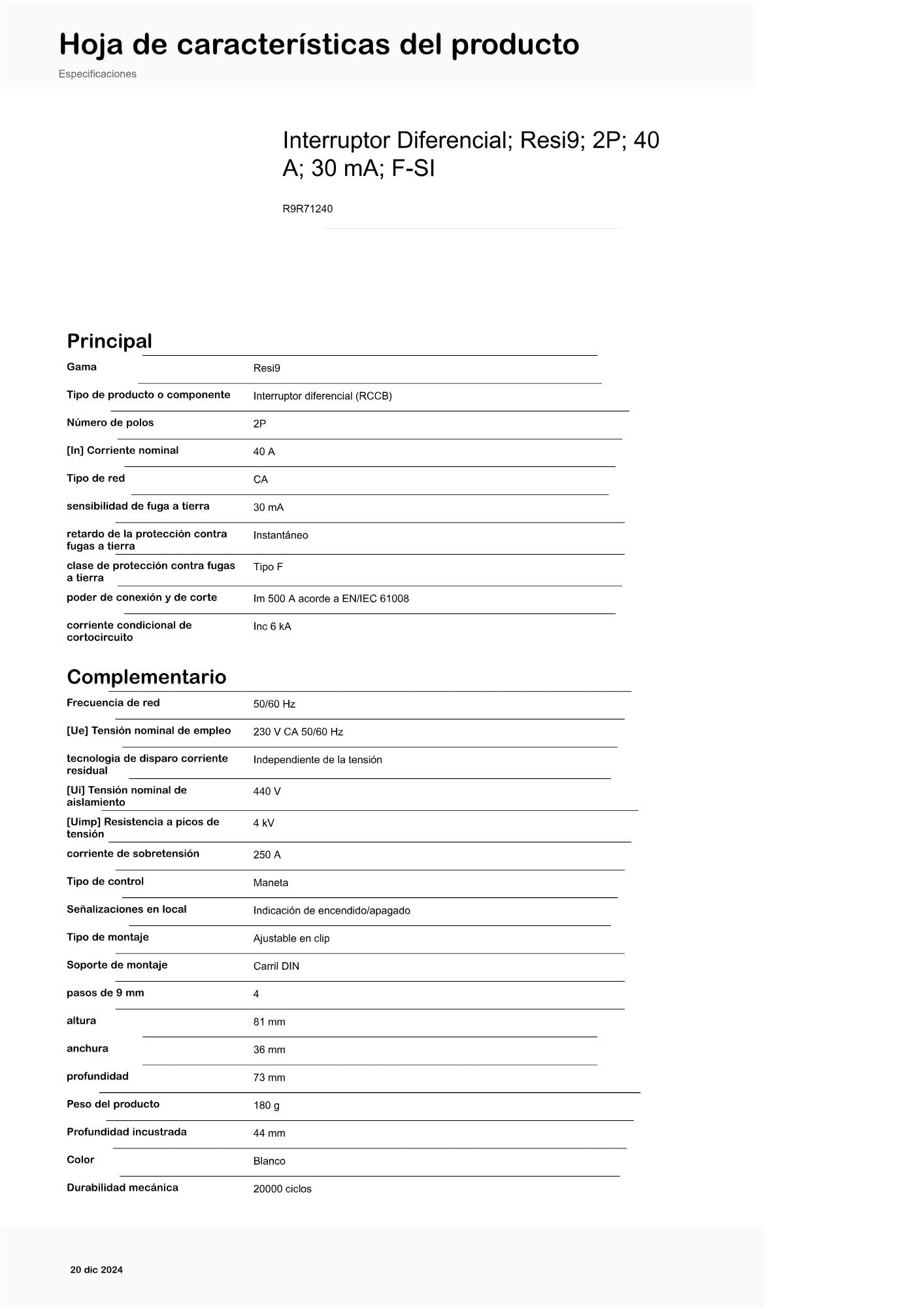 Rasmacor | Wyłącznik FI R9R71240 | Wyłącznik FI 2-biegunowy 40A 30MA -F-SI | Wyłącznik różnicowoprądowy FI | Resi 9 - RCCB | 230V - Typ F SI - 50/60 Hz | 81 x 36 x 73 mm