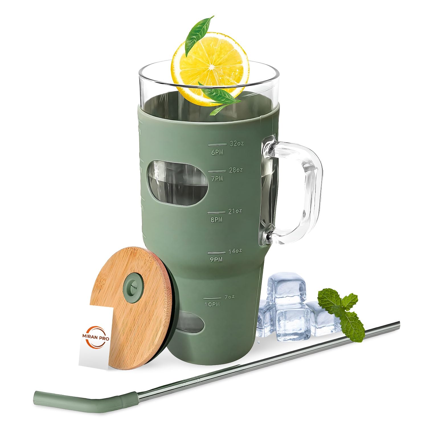 MIRAN PRO32 Oz Glass Tumbler w/Bamboo Lid & Straw, Glass Water Bottles w/Handle Reusable Cup w/Time Marker & Silicone Sleeve - Coffee Milk Tea, Fits in Cup Holder Spill Proof BPA Free (Green)