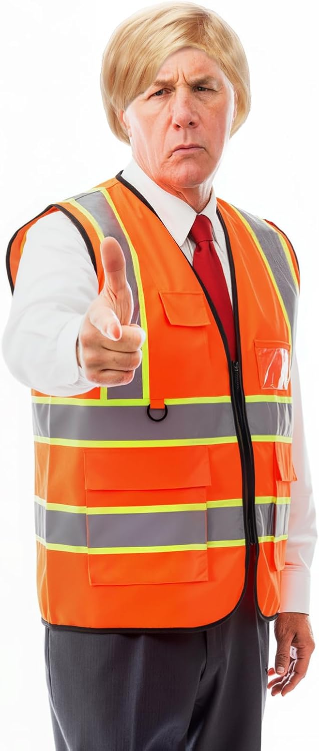 3 Pcs Celebrity Costume Kit Halloween Funny Celebrity Cos Cleaner Presidential Candidate Wig Set Including Orange Vest, Wig, Red White Tie for Halloween Cosplay Party - Image 5