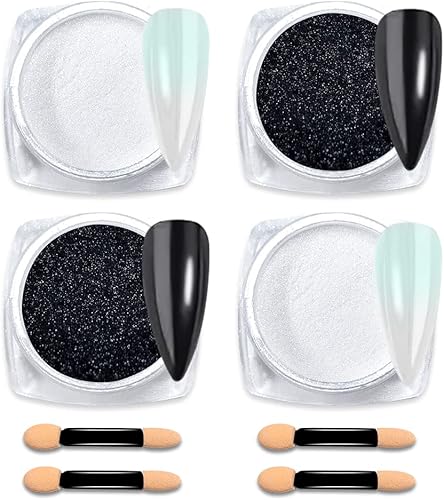Polvo de uñas cromado blanco y negro para uñas, 4 frascos de sirena, purpurina, efecto espejo, brillante, aurora, polvo para mujeres y niñas