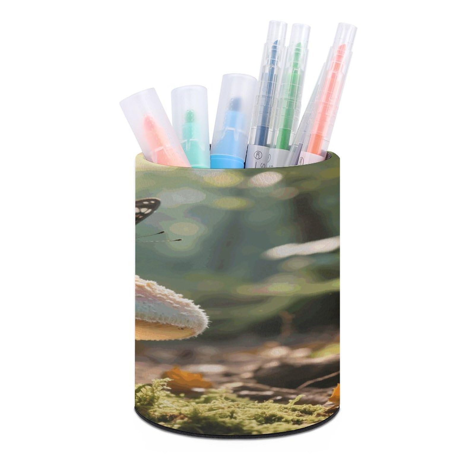 VstaDank - Round Butterfly Pen Holder Mushroom Pattern PU Leather Desk Organizer Stand for Desk Desk Office Home Decor (3.1 x 3.9