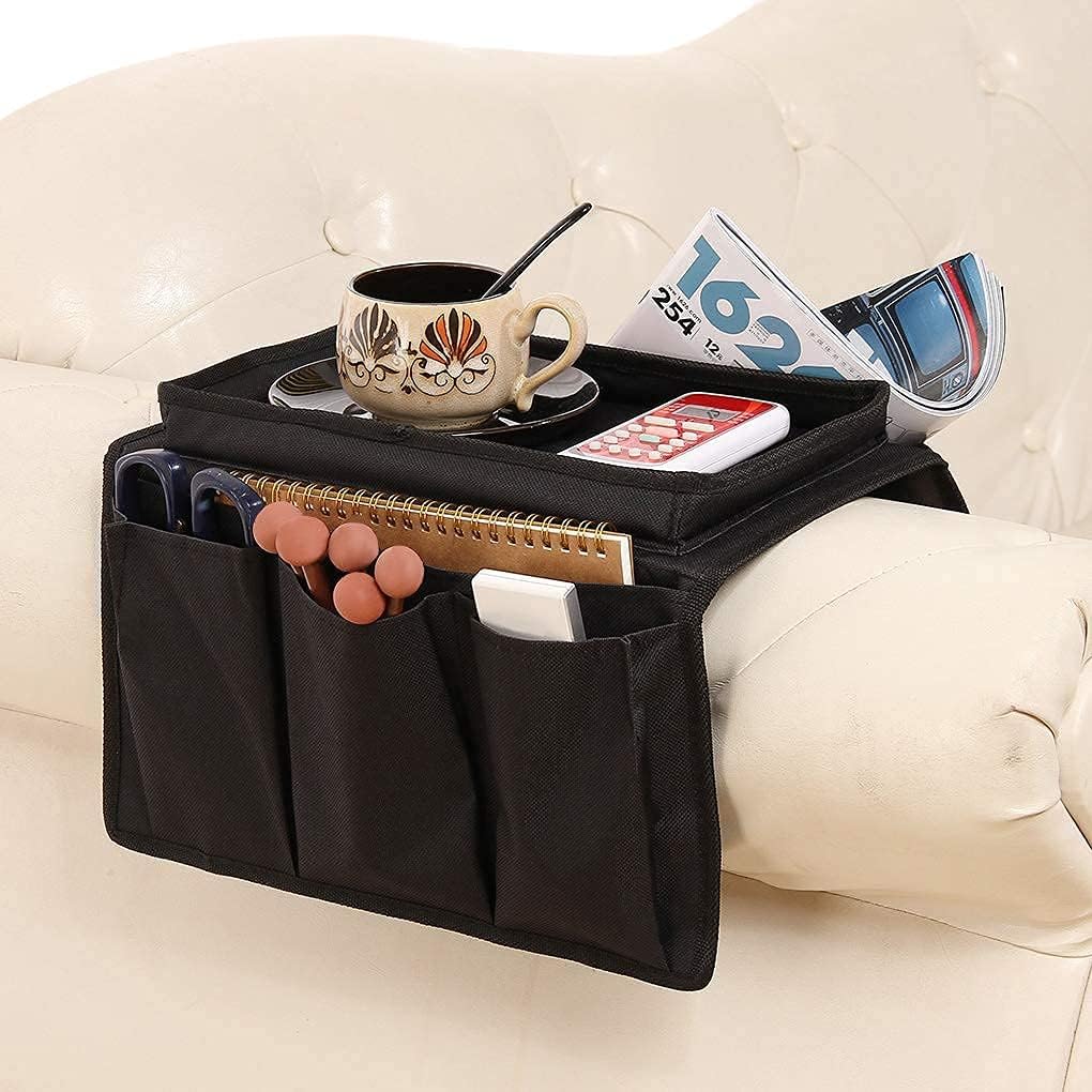 TINAYAUE Sofa Armrest Organizer, Couch Caddy Pocket Storage Bag, TV Remote Control Phone Pouch Holder, Armchair Cup Mug Tray, Space Saving Tidy Holder, 6 Pockets & Foldable Hanging Organiser