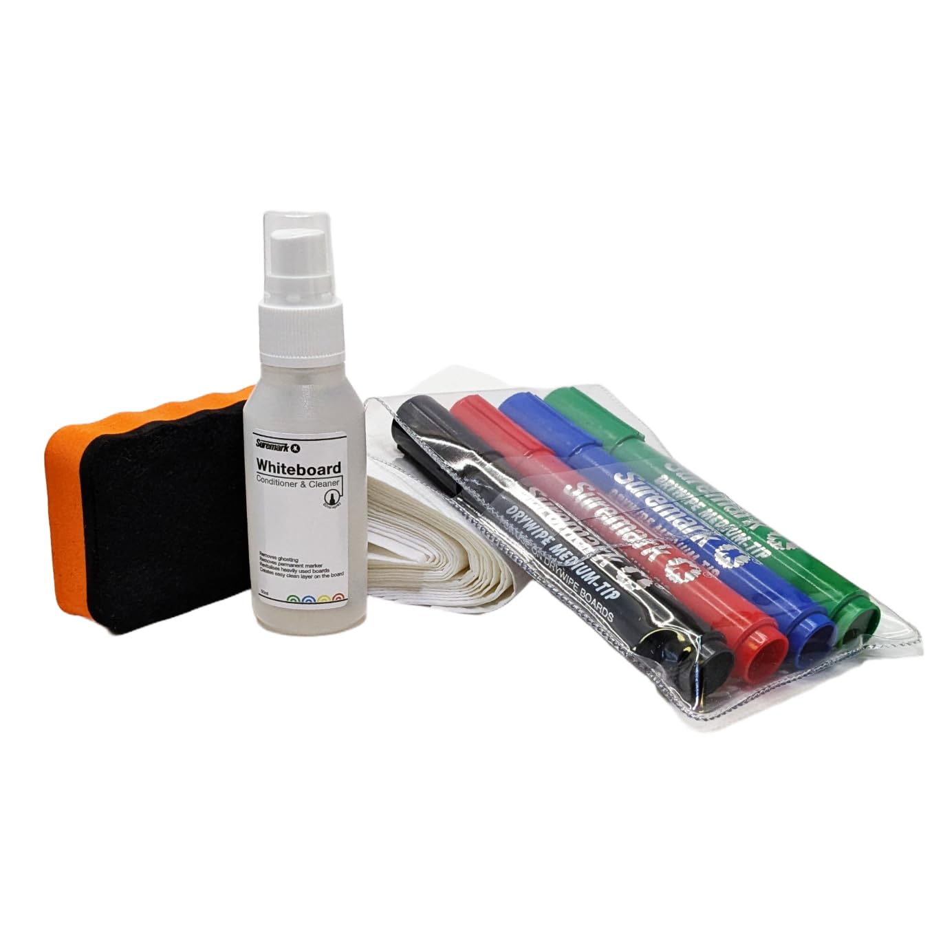 Suremark Whiteboard Essentials Pack | 4 Markers, Magnetic Eraser, Cleaner & Conditioner, Cleaning Wipes | Perfect for Your Home, School or Office whiteboard