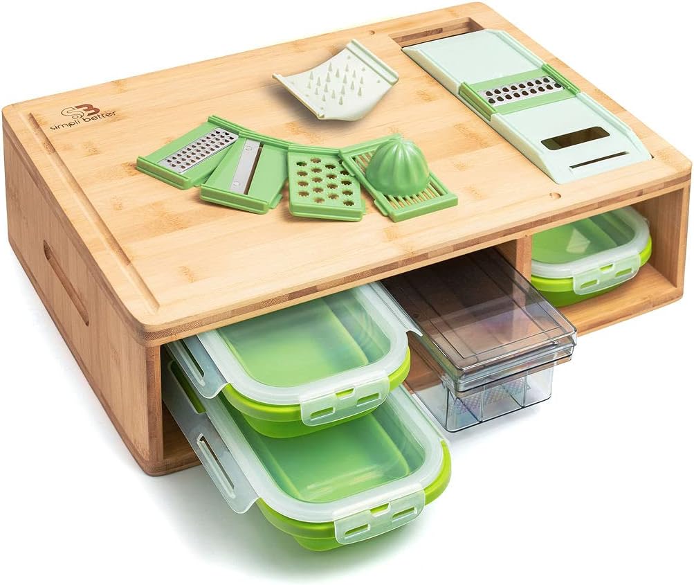 Bamboo Cutting Board with Trays and LIDS. Multi-Functional: Comes with 4 Different Slicers and 4 Draws can be Used as PREP Dishes or for Storage.