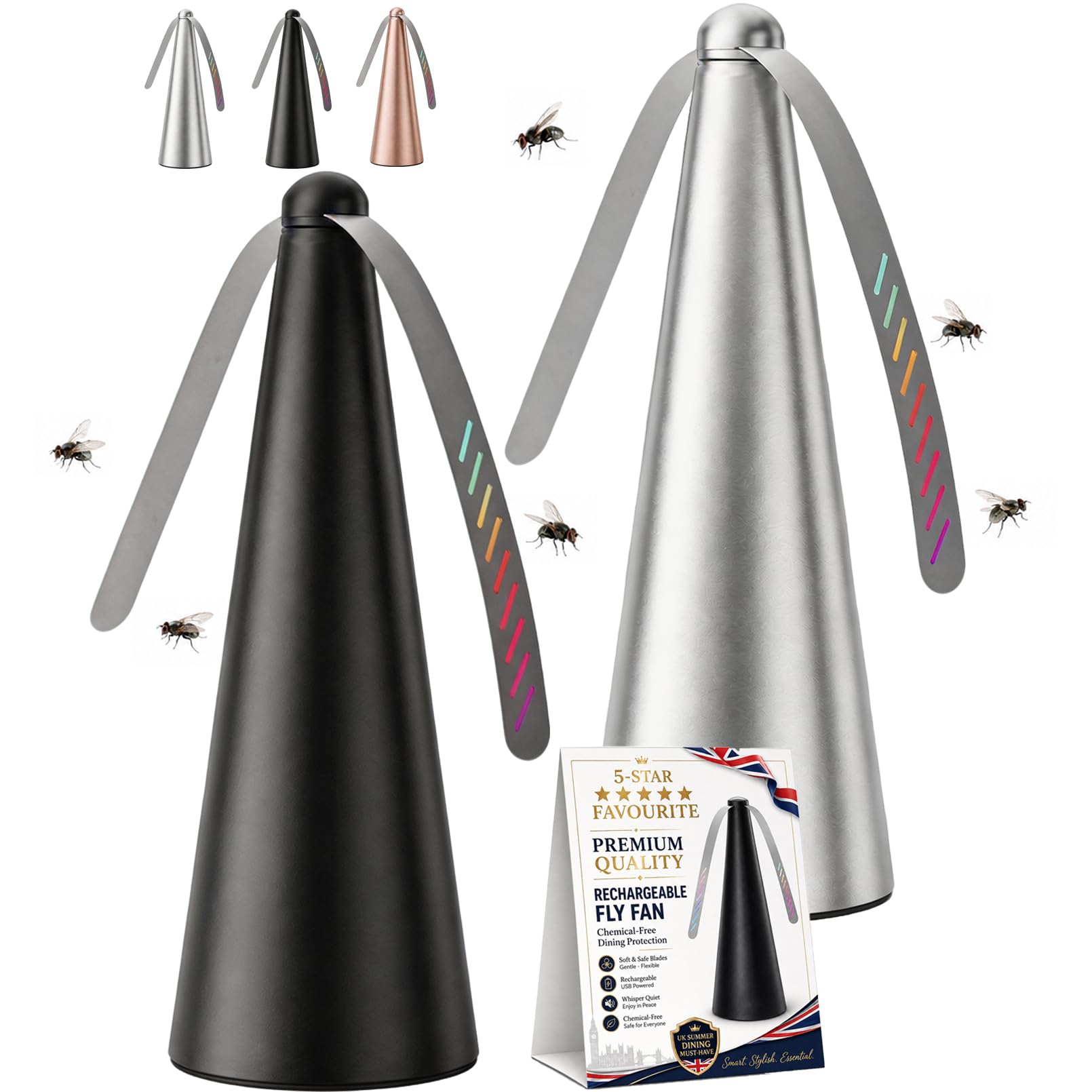 XIANGSHI USB Rechargeable Fly Repellent Fan, Fly Deterrent for Table, Double Side Soft Holographic Blades, Portable Effective Fly Repellents Fan for Indoor & Outdoor Picnic, Party Use (Black+Silver)