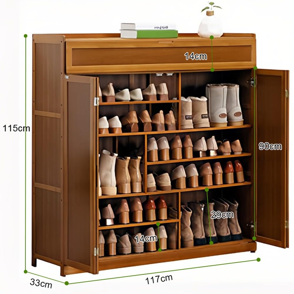 Mueble Zapatero de 4 Puertas Armario de 7 Niveles para Zapatos Mueble Auxiliar con Cajón y Estantes Ajustables Sala de Estar，Zapatero Entrada Recibidor 117x35x115cm