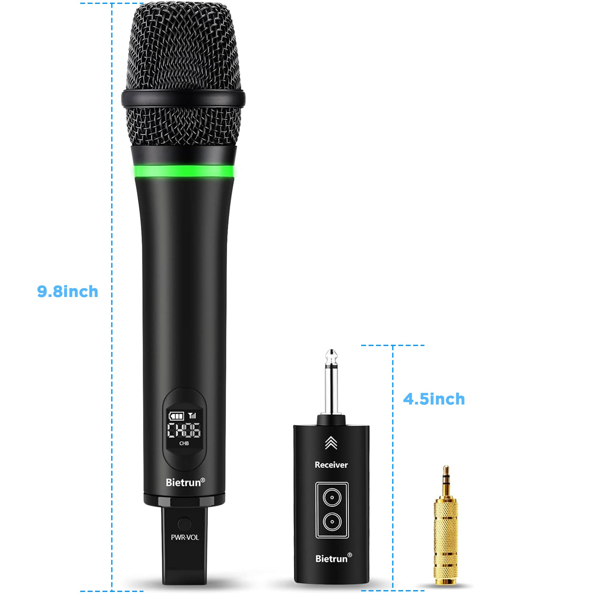 Bietrun Microphone sans fil Bluetooth rechargeable, portée 50 m, sortie 6,35 mm, micro dynamique UHF en métal portable pour karaoké