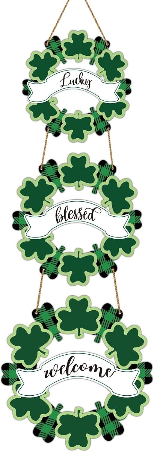 St Patricks Day Wreath Shamrock Decorations St Patricks Day Door Decorations Shamrock Hanging Sign Wooden Wreaths for Front Door Hanger Lucky Blessed Welcome Sign for Porch Wall Indoor Home Decor