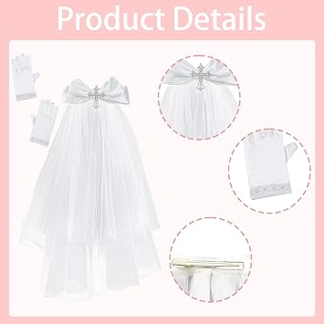 2PCS Girls First Communion Veil with Rhinestone Cross White Satin Bow Two-Tier Design Veil Glove Set Hair Bride Hair Accessory Hairband Glove Set