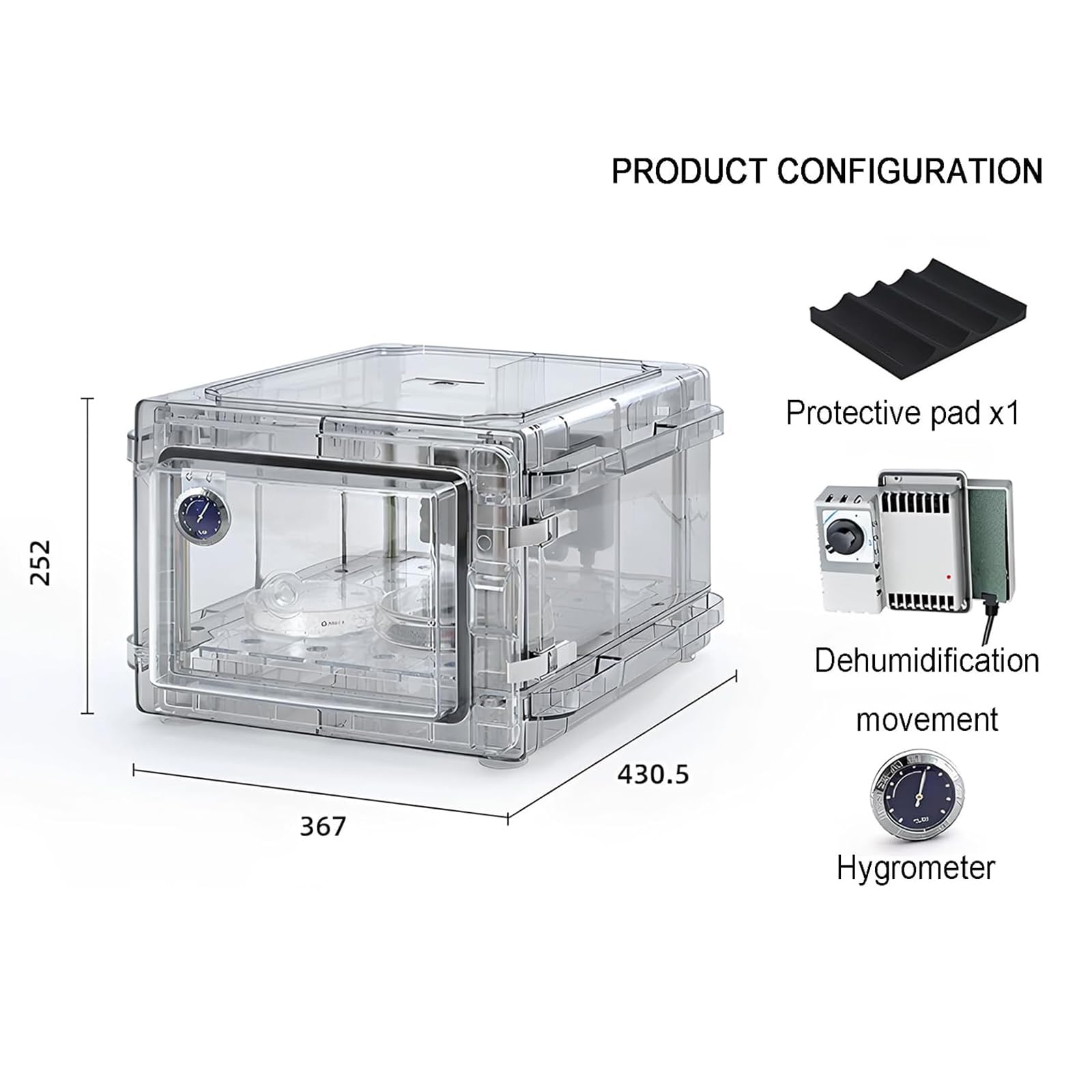 Armario desecador para cámaras, caja seca deshumidificador electrónico | Diseño transparente, con higrómetro y junta sellado; ideal para almacenar objetivos cámara y equipos electrónicos(252mm)