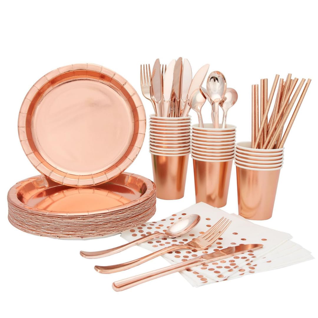 YOUNEX Disposable Dinnerware Set, 200 Pcs Party Supplies Serves 25, With Paper Plates, Cups, Napkins and Plastic Spoons, Knives, Forks, Straws For Baby Shower, Graduation Etc (Rose gold)