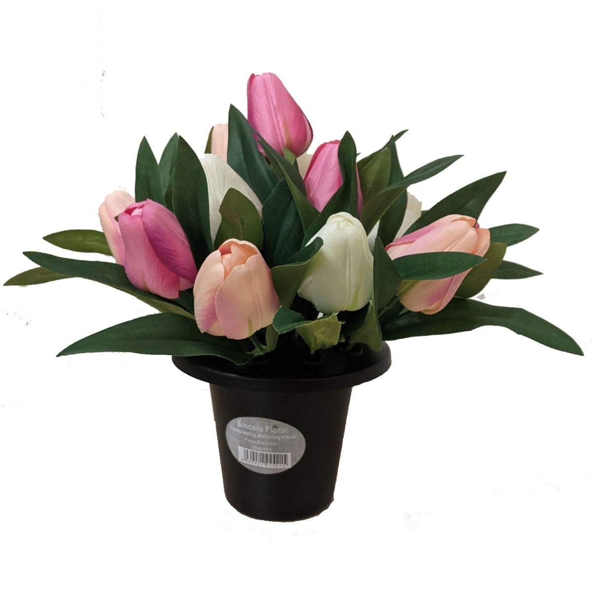 Permabloom Pink / Ivory Artificial Tulip Flowers In Grave Pot - Vase Inert Memorial