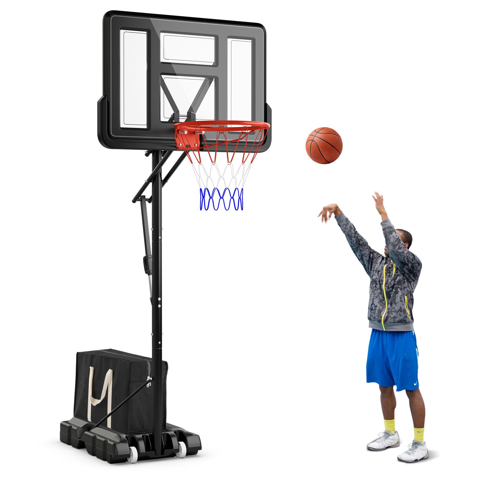 COSTWAY Canestro da Basket da Esterno ed Interno Professionale, Canestro da Basket Regolabile in Altezza 3-3,7 cm e Portatile con Tabellone Infrangibile, Base Robusta e Ruote