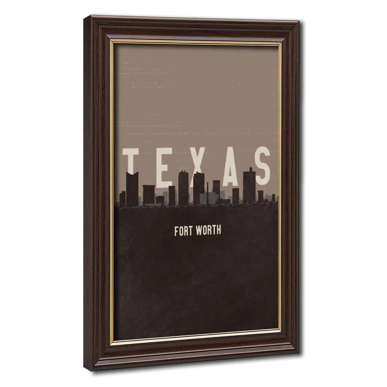 Poster su tela con ritratti di Fort Worth Texas Skyline vintage minimalista, poster da viaggio, decorazione per camera da letto, paesaggio sportivo, ufficio, stanza, regalo, cornice Mokume Gane, 40,6