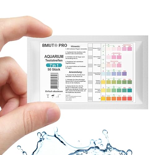 BMUT 50 tiras de prueba para acuario y estanque, valores de agua 7 en 1, p. ej. pH, nitrito, nitrato, GH
