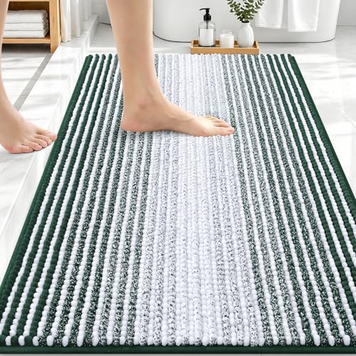 Image of OLANLY Bathroom Rugs 30x20, Extra Soft Absorbent Chenille Striped Bath Rugs, Rubber Backing, Machine Wash Dry, Bath Mats for Bathroom Floor, Tub and Shower, Home Decor Accessories, Blackish Green