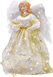 Angel Christmas Tree Topper - 32cm Angel Treetop Figurine with Light Up Feature and White Feather Wings