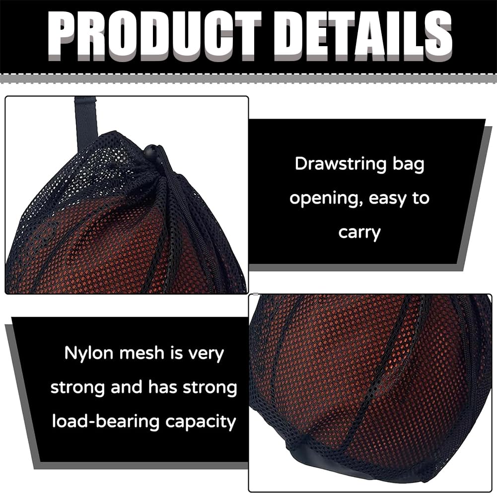Bolsa de Malla para Pelotas Saco de Pelota con Cordón y Gancho para Baloncesto Fútbol Voleibol Negro