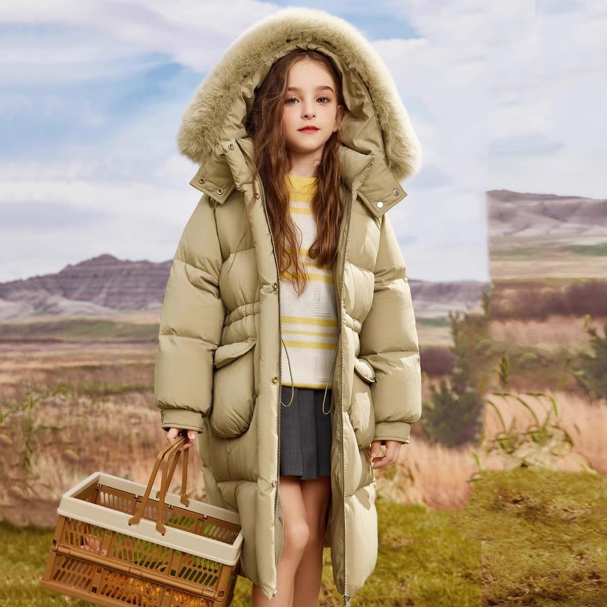 Enfant Fille Manteau mi Long à Capuche Fourrure Doudoune Matelassé Veste Hiver Chaud Parka Rembourré Blouson Coupe Vent