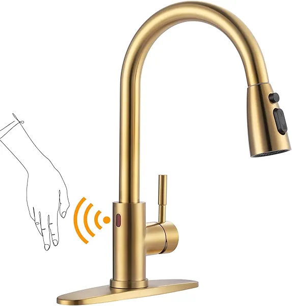 Touchless Kitchen Faucet Stainless Steel: WOWOW Smart Motion Sensor Kitchen Sink Faucet with Sprayer, Automatic Hand-Free Brushed Gold Kitchen Faucet for Sink 1 or 3 Hole Touchless Kitchen F
