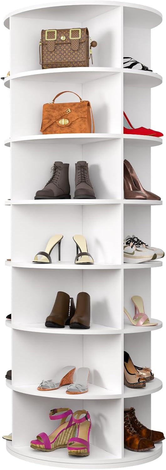 Hestiasko Rotating Shoe Rack, 7-Tier Spinning Shoe Rack, Free Standing Rotating Shoe Rack Tower 360°, Easy to Assemble, Space-Saving Revolving Shoe Organizer for Entryway - White