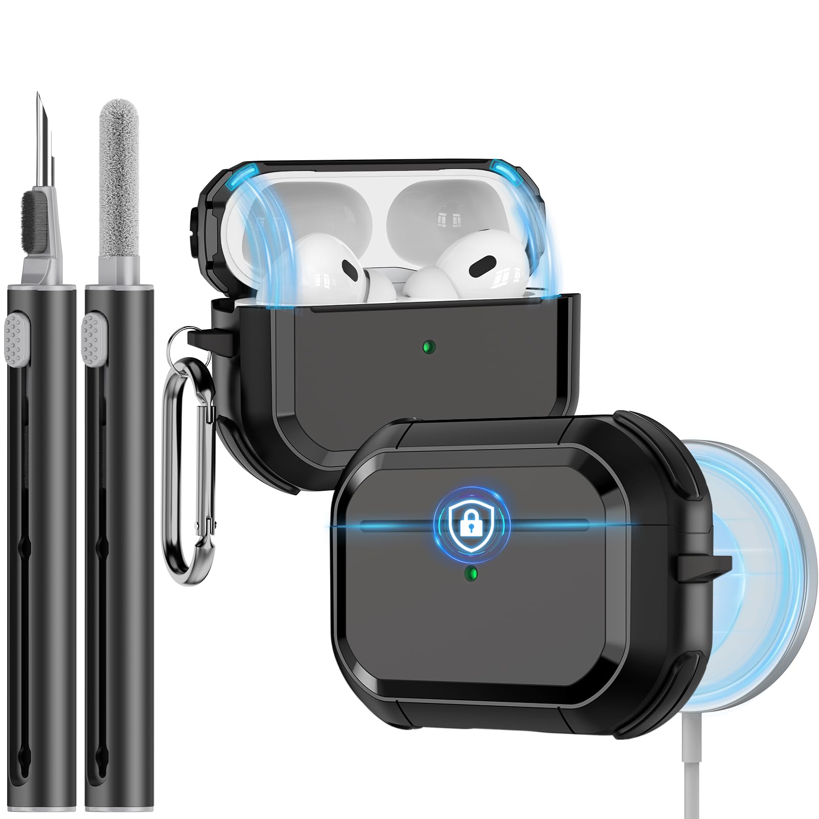 for AirPods Pro 2nd/1st Generation Case Cover,Compatible with MagSafe,Full Drop Protection Magnetic Lock Design with Cleaner Kit for iPod Pro Charging Case (USB-C/Lightning Cable)-Black