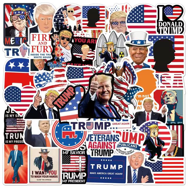 Donald Trump Sticker Pack – 50 PVC Vinyl Waterproof Decals (5–7.5 cm) for Laptops, Water Bottles, Phone Cases, Car Bumpers & Scrapbooks – High-Definition, Durable, Removable & Reusable