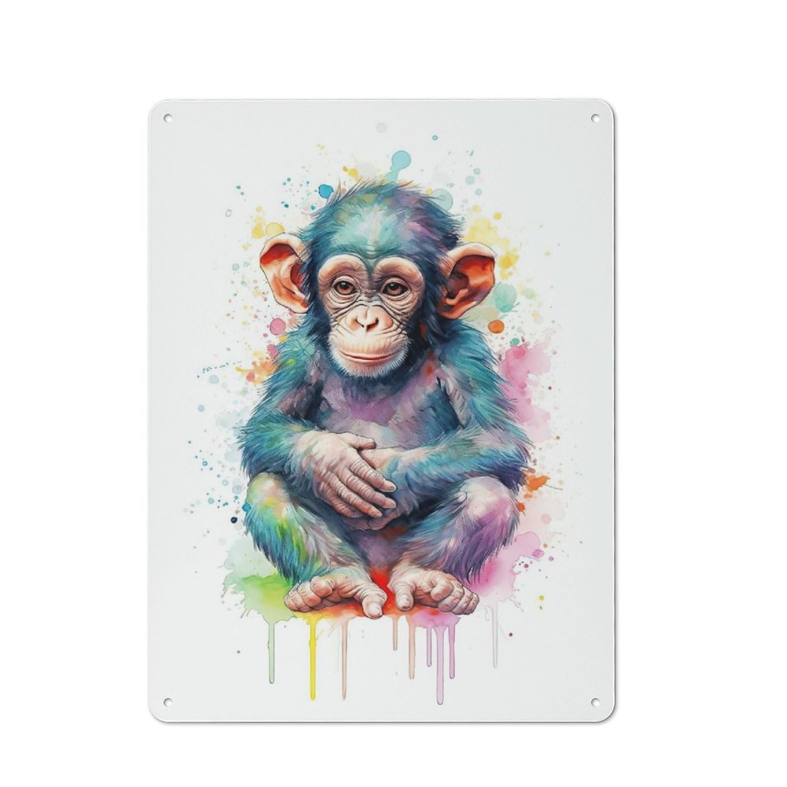 Retro Metal Sign with Watercolor Baby Monkey Design 40x30cm, Distressed Look Retro Room Decor for Living Room, Hallway, Kitchen Or Cafe
