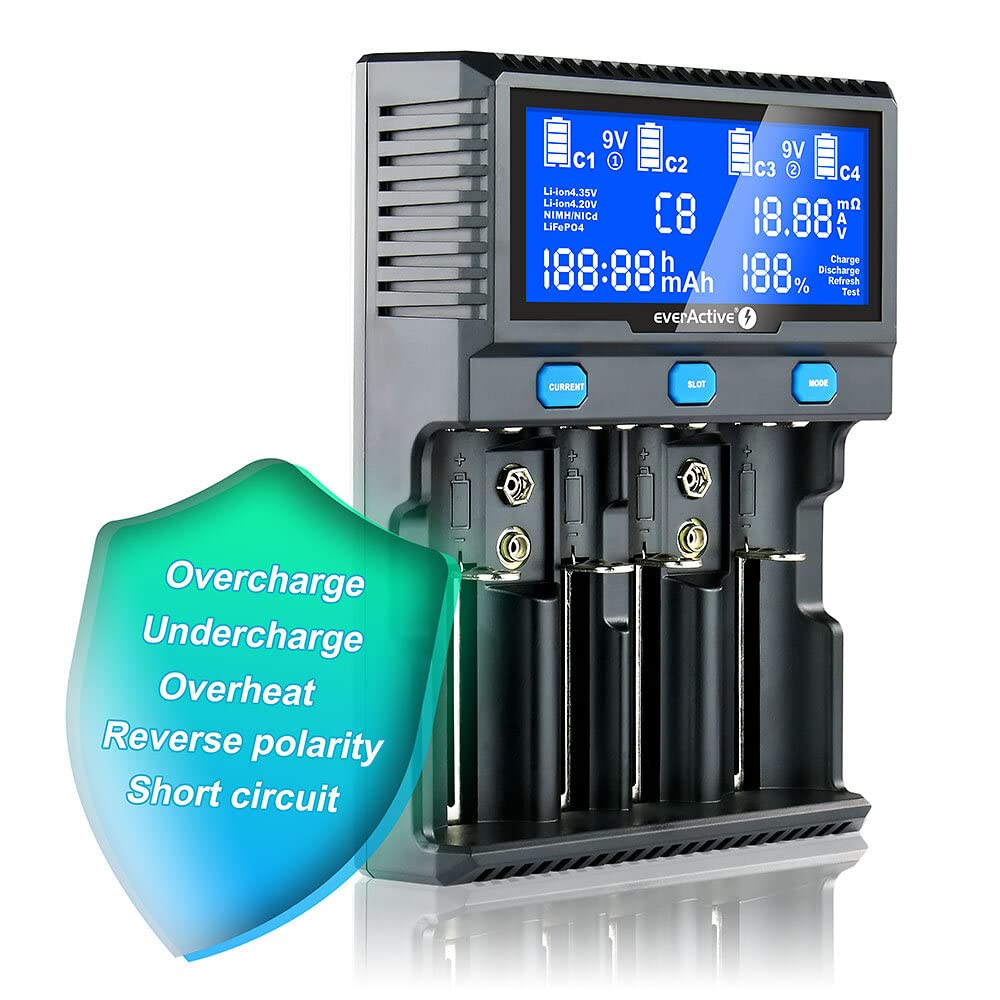 everActive Ladegerät für 4 zylindrische Li-Ion und NI-MH, professionell, schnell, und universal, LCD-Anzeige, Kapazitätstest, Modell: UC4200