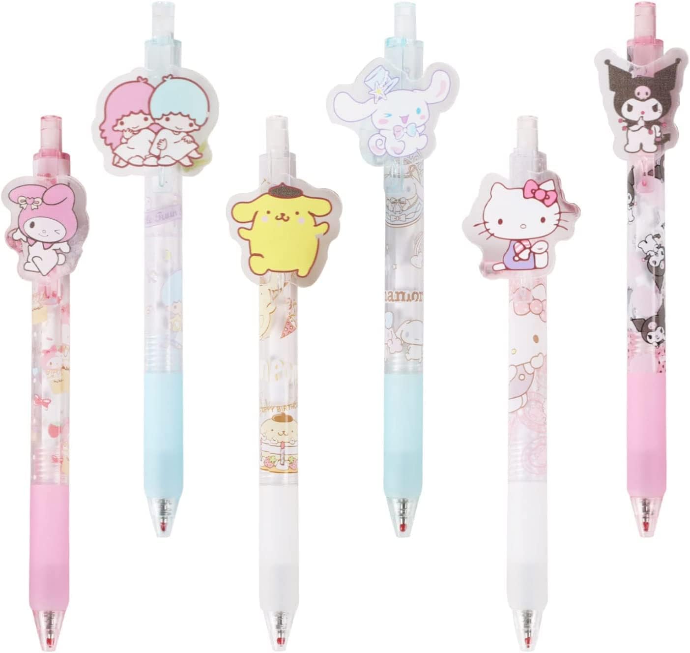 CGCHAONI Kawaii Kitty Melody Cartoon Ballpoint Pens Set - 6pcs, Black Ink, 0.5mm, Retractable, Girls School Supplies and Gifts, Cute Cat Design, Smooth Writing, Anime Stationery