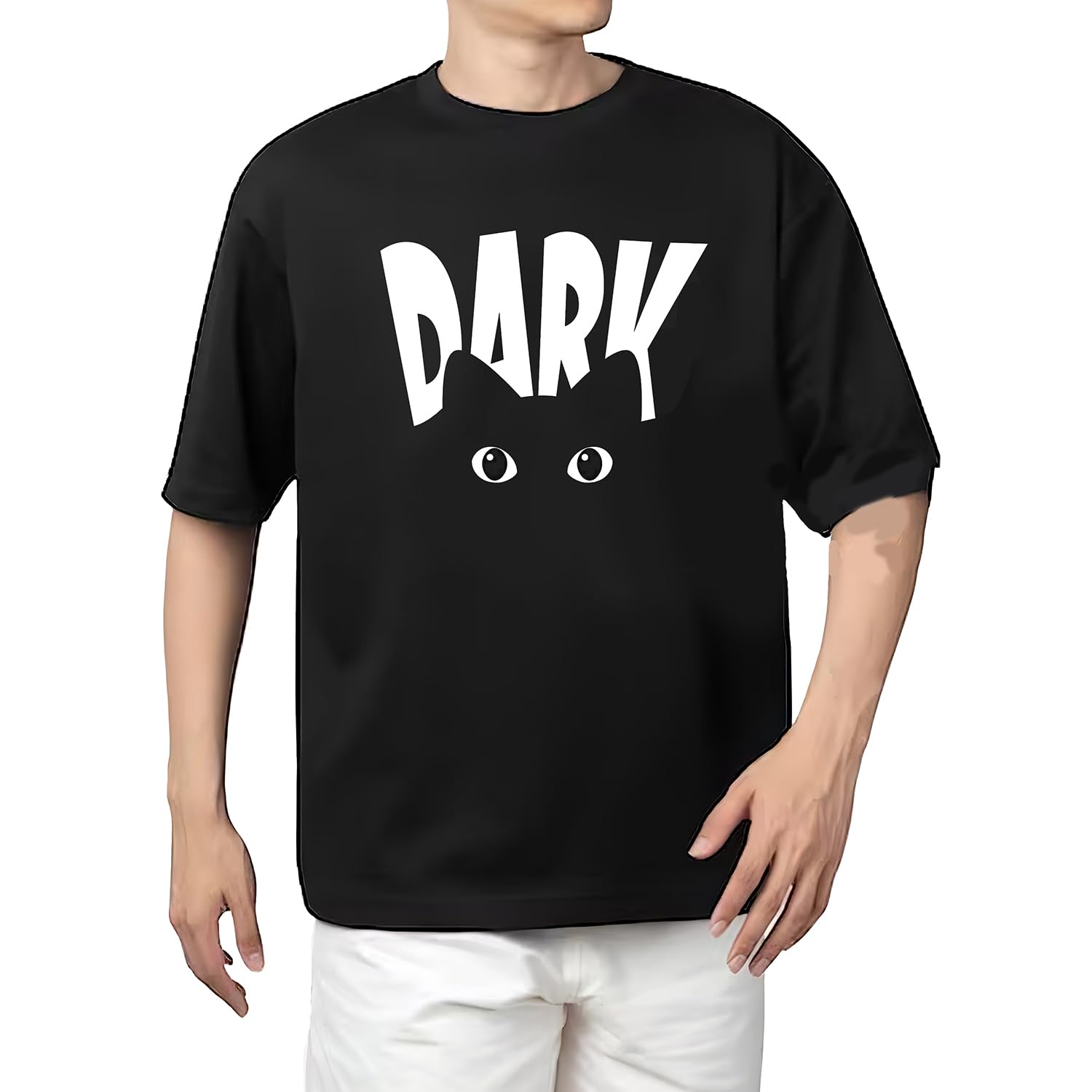 AROA Tshirt Dark Cat Model : 100 Men Cotton Printed Oversized/dropshoulder/Round Neck Black Tshirt for Men Women Unisex-image-44
