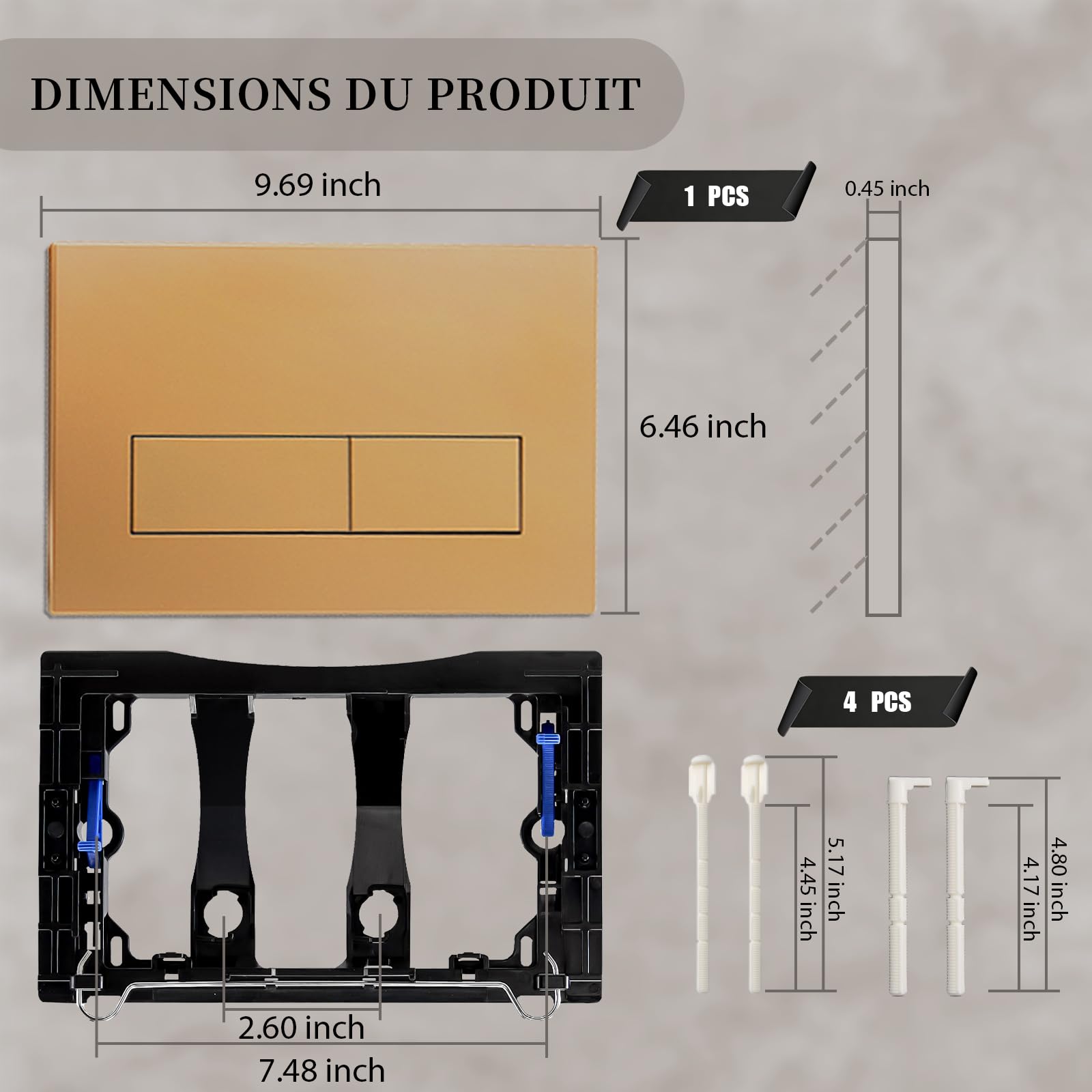 Plaque de Commande WC Double Chasse, Compatible avec Geberit Sigma 01/20/30, UP300 & UP320, avec Cadre et Leviers de Chasse, Dimensions 245 × 164 mm (Or Mat)