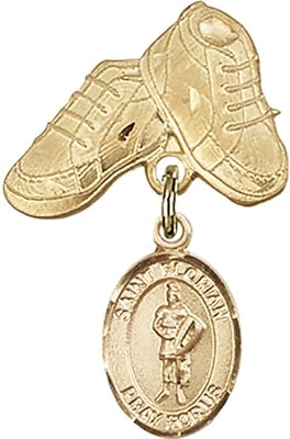 14kt Yellow Gold Baby Badge with St. Florian Charm and Baby Boots Pin 1 X 5/8 inches