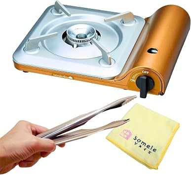 Iwatani Portable Butane Stove Tatsujin SlimV CB-TS-5 & Stainless Tongs & microfiber towel Made in Japan | Single Burner Butane Stove