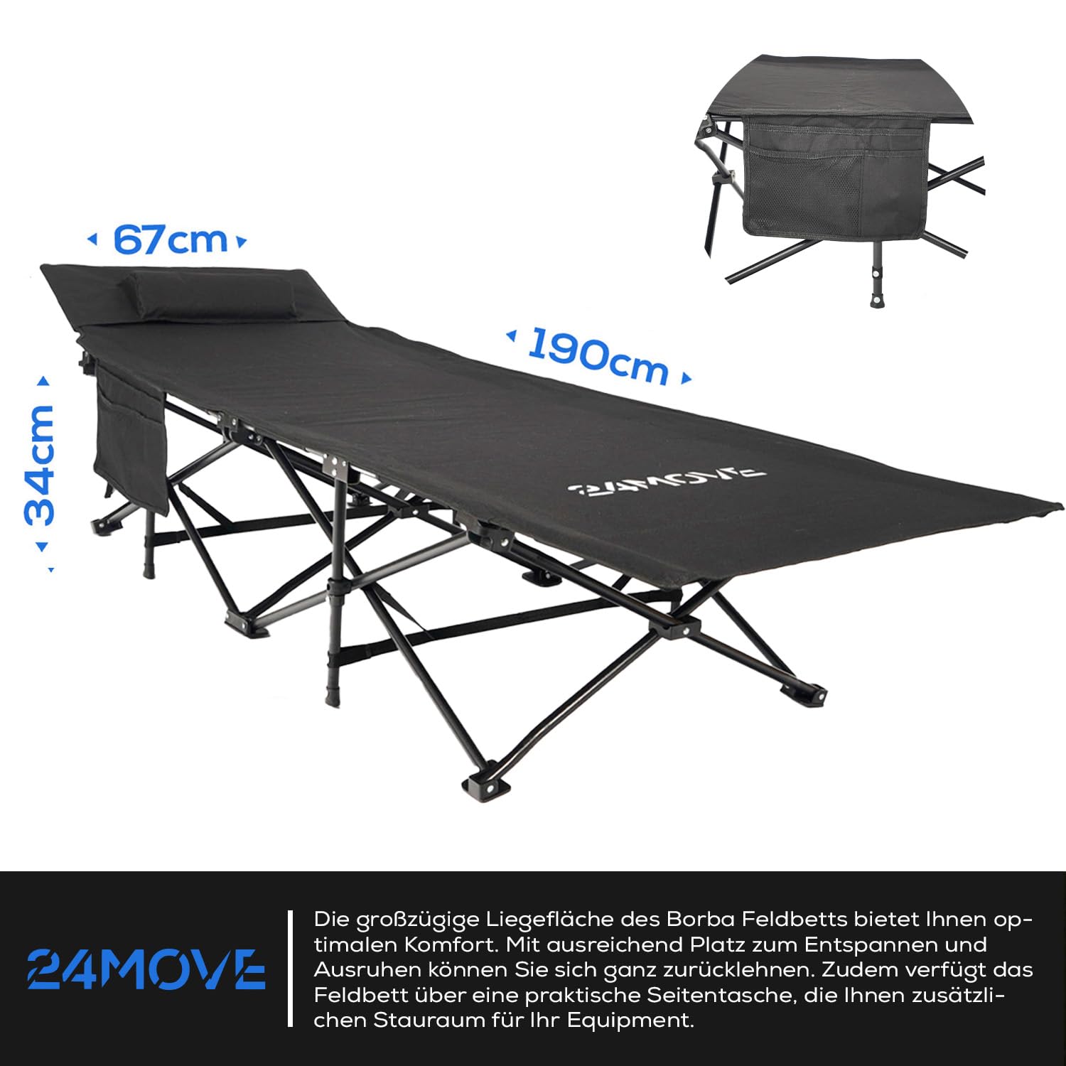 24MOVE® Feldbett Campingbett bis 150 kg In-und Outdoor Camping faltbar, 190 x 67 x 34cm, tragbar mit Tasche, für Garten oder Reisen, schwarz