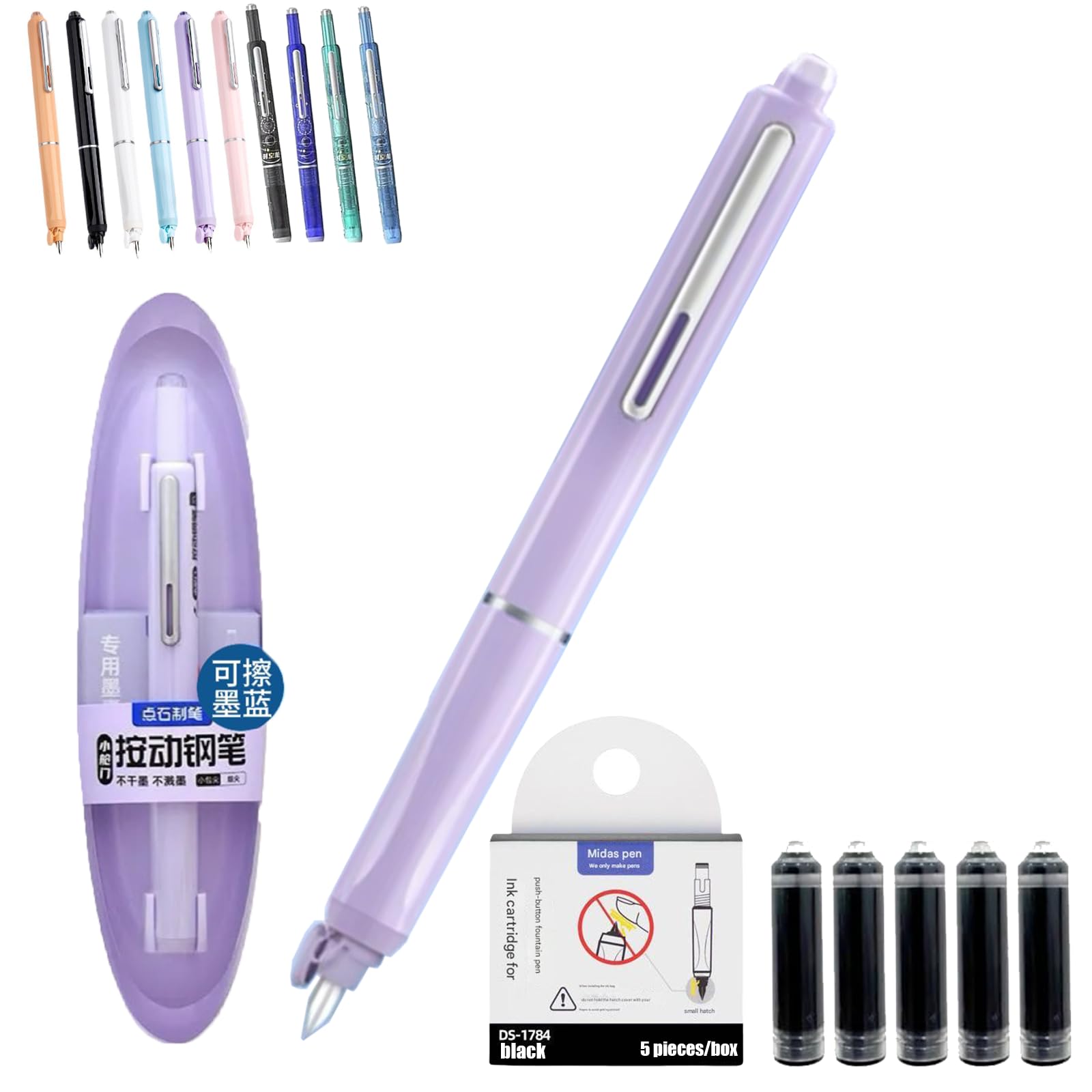 Qosneoun Retractable Fountain Pen, Refillable Fountain Pen, 0.38mm Blue&Black Ink Transparent Barrel Includes 5 Refillable Ink Cartridges for Smooth Writing No Leaking (Purple, Erasable ink blue)