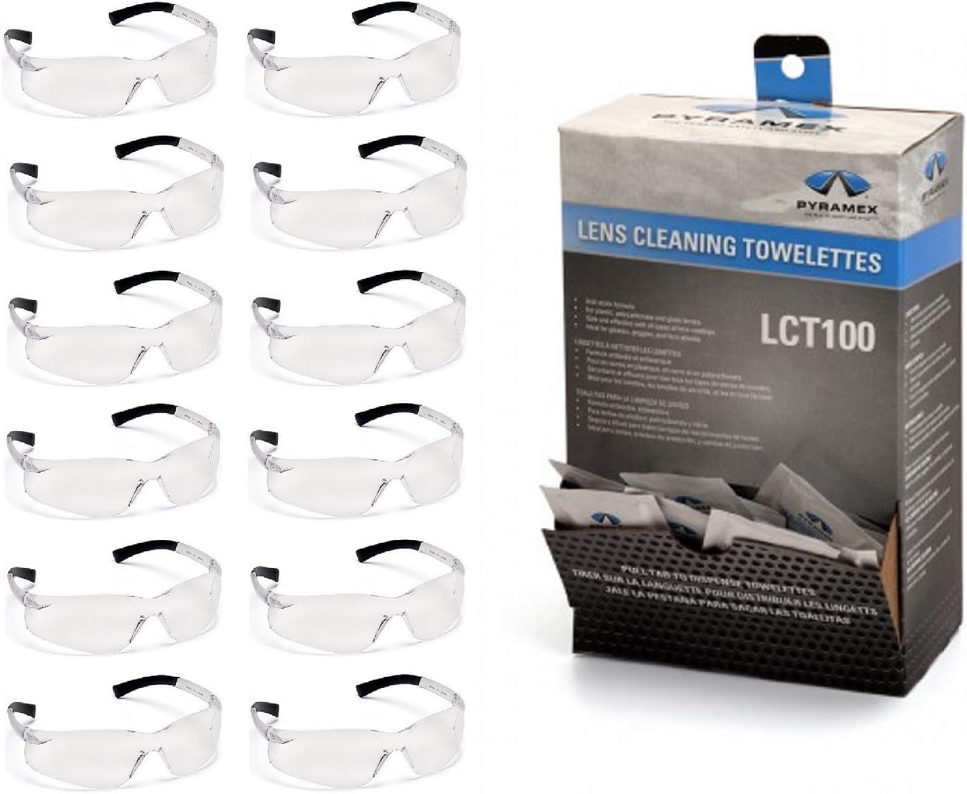 1 Dozen Clear Ztek Safety Glasses with 100 Lens Cleaning